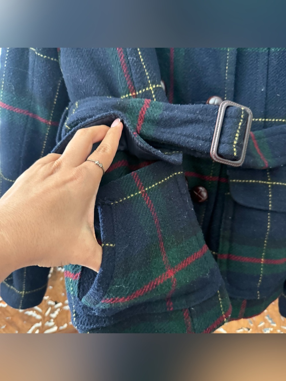 American Eagle Y2K Plaid Belted Wool Peacoat. Navy Green Red - Picture 7 of 9
